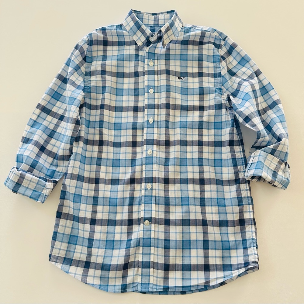 Vineyard Vines Boys 12-14 Whale Blue Plaid Shirt